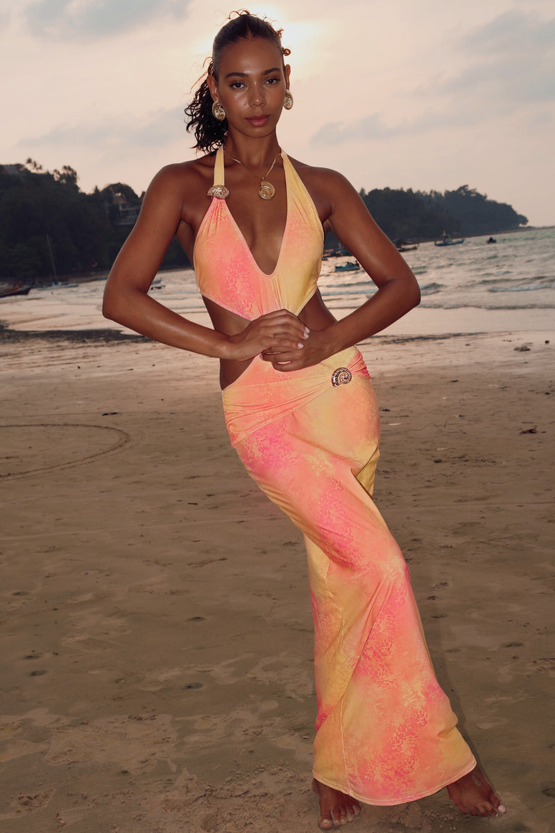 'Cerros' Watercolour Nautilus Halter Maxi Dress