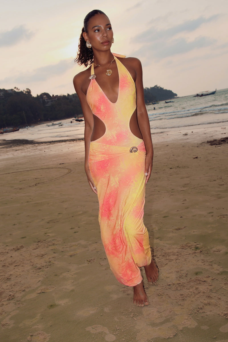 'Cerros' Watercolour Nautilus Halter Maxi Dress