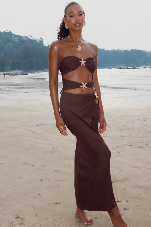 'Zanzibar' Coffee Starfish Bandeau Maxi Dress