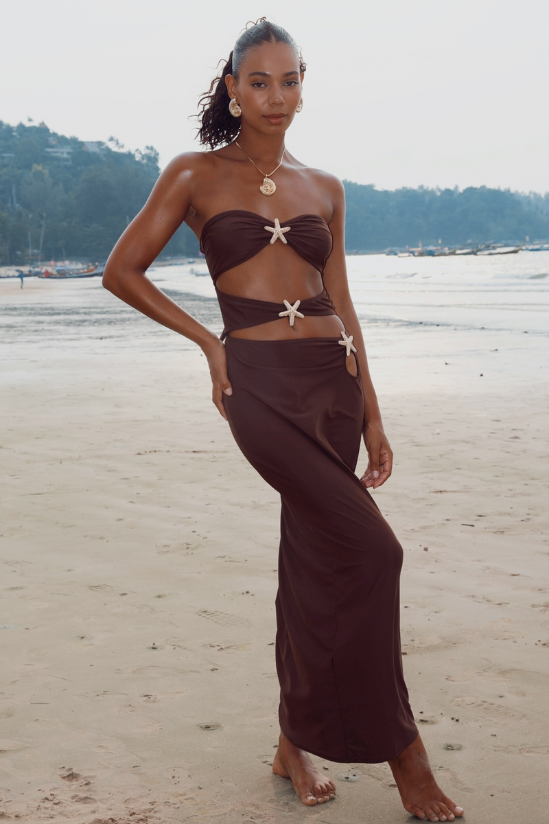'Zanzibar' Coffee Starfish Bandeau Maxi Dress