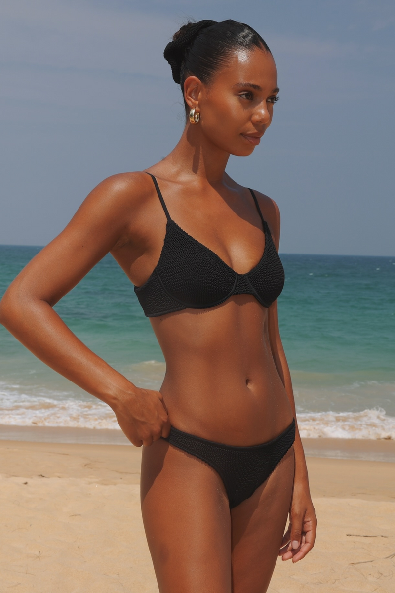 'Black' Scrunch Thick Strap Fixed Bikini Bottoms