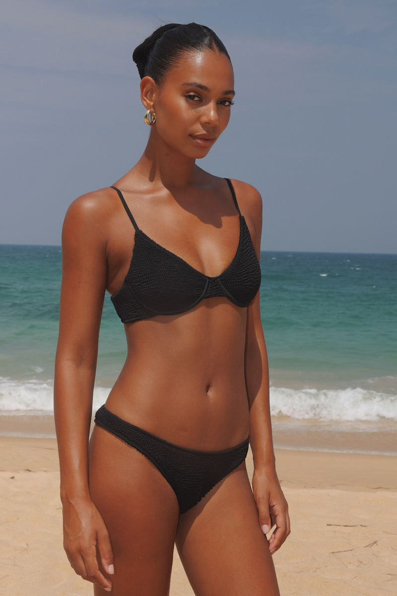 'Black' Scrunch Thick Strap Fixed Bikini Bottoms