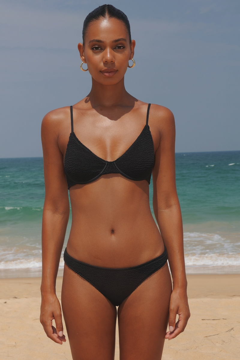 'Black' Scrunch Thick Strap Fixed Bikini Bottoms