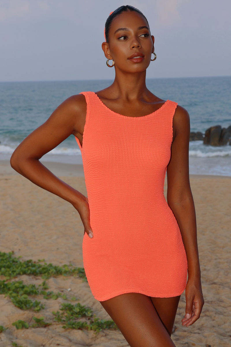 'Coral' Scrunch Low-Back Mini Dress